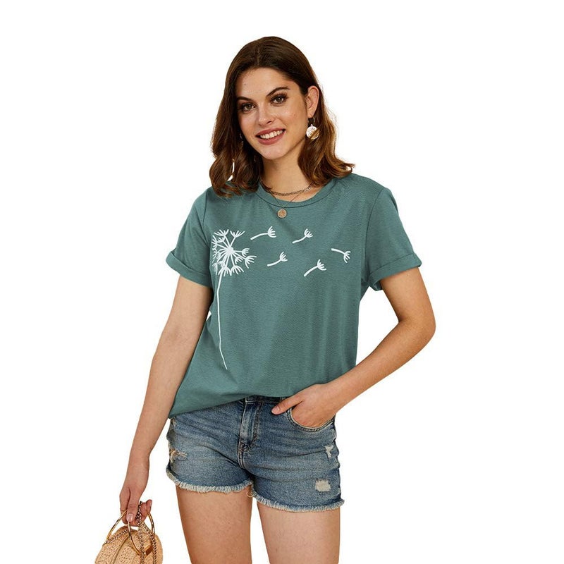Cicy Bell Women's Dandelion Print T Shirts Cute Graphic Tees Short Sleeve Summer Cotton Tee Tops Green - Image 2